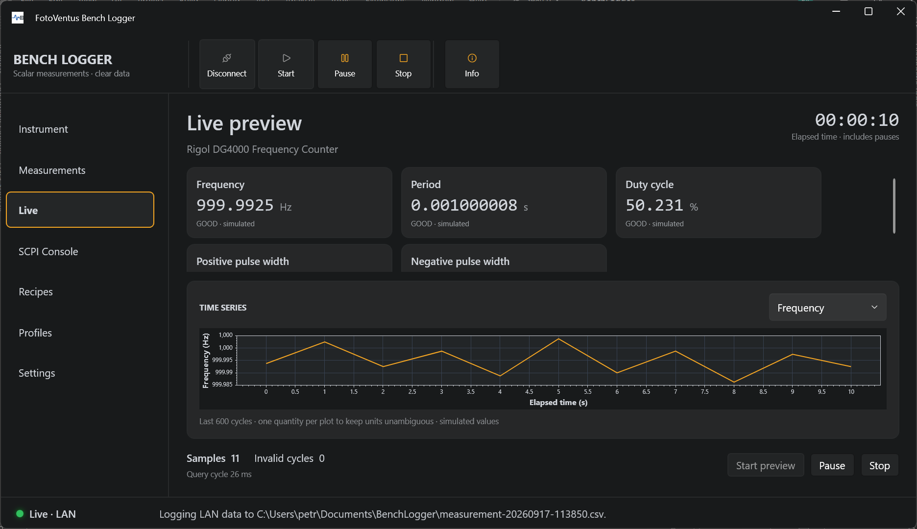 Bench Logger Live view with measured values and a time plot